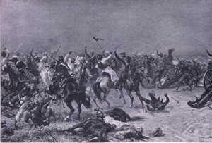 Anklagelsen av Kings Own Light Dragons vid Mudki, illustration från British Battles on Land and Sea, 1915 av Ernest Crofts