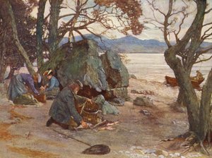 Lunchtid på Loch Awe (färglitografi)