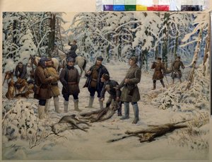 Efter en framgångsrik jakt. Grupper av jägare samlar ihop vilt (vargar) på signalen av en ryttare som blåser i ett horn. Målning av Ernest Ernestovich Lissner (1874-1941), olja på duk av Ernest Ernestovich Lissner