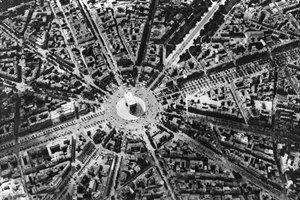 En fågelperspektiv över Place de LEtoile och Triumfbågen, Paris, 1931