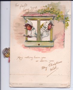 Ett viktorianskt julkort med två rövar i nattkläder som oroligt tittar ut genom fönstret, ca 1880 av Ernest Henry Griset