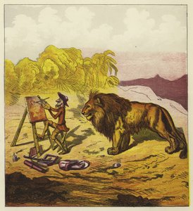 John Bold överraskad av ett lejon när han målade av Ernest Henry Griset