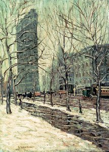 The Flatiron Building, New York, ca 1903-05 (olja ombord) av Ernest Lawson