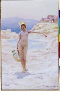 Algerisk flicka har kannan En naken flicka bär en hatt som bär en kanna med vatten nära en vattenkälla i en oas i öknen. Akvarell av Louis Ernest Lessieux (1874-1925) Obligatoriskt omnämnande: Collection fondation regards de Provence, Marseille av Ernest Louis Lessieux