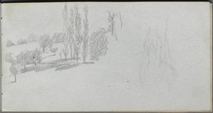 Skissbok, sidan 18: Studie av en häst- och landskapsstudie. av Jean Louis Ernest Meissonier