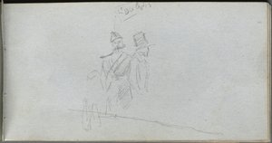 Skissbok, sidan 38: Studie av en soldat och figur i hög hatt. av Jean Louis Ernest Meissonier