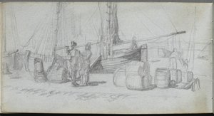 Skissbok, sidan 50: Båtar, figurer, last på en strand. av Jean Louis Ernest Meissonier
