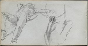 Skissbok, sidan 58: Liggande figur och figur bakifrån. av Jean Louis Ernest Meissonier