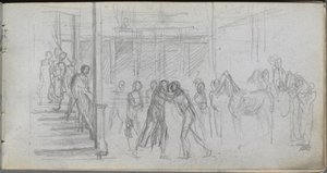 Skissbok, sidan 62: Figurstudie, trappa, häst. av Jean Louis Ernest Meissonier