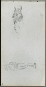 Skissbok, sidan 69: Studie av en hand, en häst och en figur av Ernest Meissonier