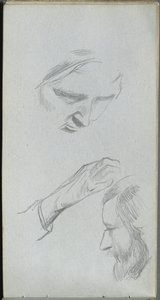 Skissbok, sidan 70: Studie av två ansikten och en hand. av Jean Louis Ernest Meissonier