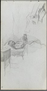 Skissbok, sidan 71: Studie av en figur som läser i sängen, Studie av en hand. av Jean Louis Ernest Meissonier