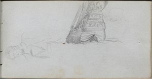 Skissbok, sid 84: Figurstudie, studie av ett skepp. av Jean Louis Ernest Meissonier