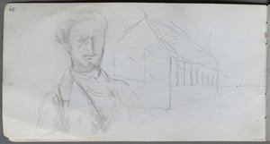 Skissbok, sidan 99: Studie av figur, byggnad av Ernest Meissonier