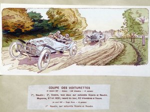 Bilracing: skära vagnar 1907 - teckning av Ernest Montaut (1878-1909). av Ernest Montaut