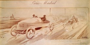 Motorracing: "Paris Madrid": Gabriel vinnare på Mors utrustad med Michelin-däck "" Illustration 1903 av Ernest Montaut