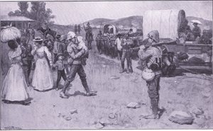 Brittiska soldater som hjälper boerflyktingar, illustration från After Pretoria: The Guerilla War, 1902 av Ernest Prater