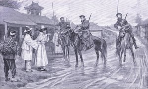 Kosackscouter samlar information från en koreansk fångenskap, illustration från Cassells History of the Russian-Japanese War Vol 1, c.1900 av Ernest Prater