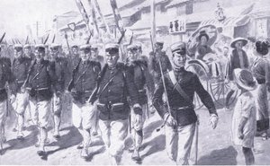 Japaner som marscherar genom Tokio, illustration från Cassells History of the Russian-Japanese War Vol 1, c.1900 av Ernest Prater
