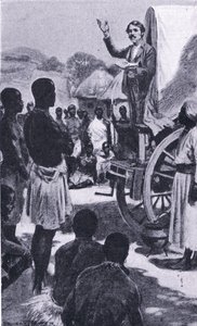 Preaching to the Makololo: Livingstone, illustration från Cassells Romance of Famous Lives, ca 1940 av Ernest Prater
