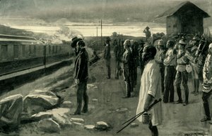 "Tåget som förmedlar resterna av Mr. Rhodes saluterat av blockhusvakterna", 1902. av Ernest Prater