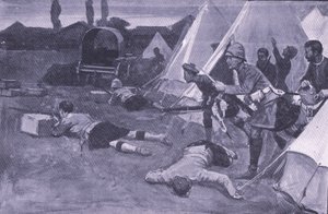 Attacken mot det brittiska lägret på marknadsplatsen i Jacobsdal, illustration från After Pretoria: The Guerilla War, 1902 av Ernest Prater