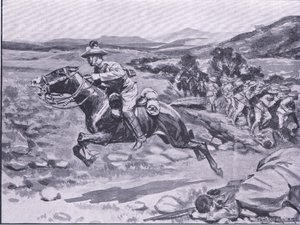 Livvaktens tillfångatagande: Lieut Batemans vågade raid, illustration från After Pretoria: The Guerilla War, 1902 av Ernest Prater