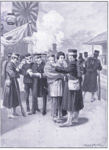 Trupper som lämnar Tokio, illustration från Cassells History of the Russian-Japanese War Vol 1, c.1900 av Ernest Prater