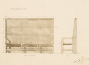 Design for Settle i engelsk ek, 1909 (penna med wc på papper) av Ernest William Gimson