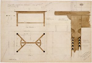 Design för ett matbord i engelsk ek, mörkt, med hörake-bår, 2 oktober 1908 (penna & bläck och wc på papper)