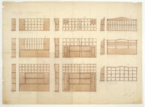 Design för Kina-hyllor, sideboards och byråer i engelsk ek, 1906 (penna och wc på papper) av Ernest William Gimson