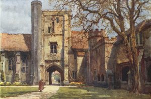 Beaufort Tower och Ambulatory St Cross (färg litho) av Ernest William Haslehust