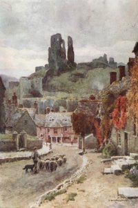 Corfe Castle (färg litho) av Ernest William Haslehust