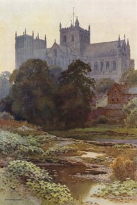 Ripon Minster från floden (färg litho) av Ernest William Haslehust