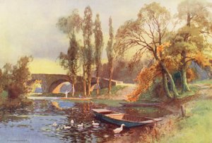 Floden Themsen: Chertsey Bridge (färglitografi) av Ernest William Haslehust