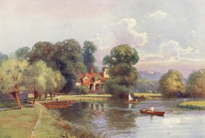 Floden Themsen: Medmenham Abbey (färglitografi) av Ernest William Haslehust