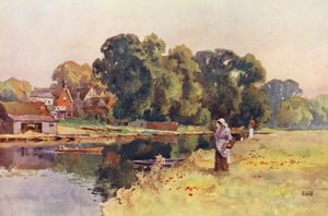 Floden Themsen: Wargrave (färglitografi) av Ernest William Haslehust