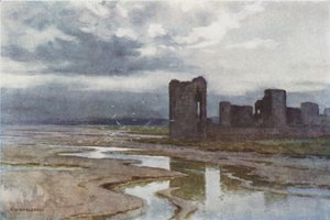 Sands of Dee, Flint Castle (färg litho) av Ernest William Haslehust