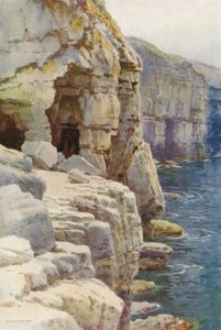 Tilly Whim Caves, Swanage (färg litho) av Ernest William Haslehust