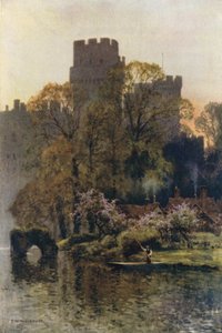 Warwick Castle från floden (färg litho) av Ernest William Haslehust