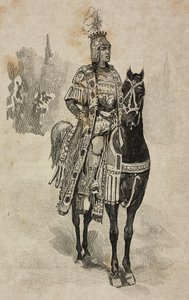 Hertig av Aosta Emanuele Filiberto av Savojen i kostym av Umberto Biancamano vid Villa Borghese-turneringen i samband med silverbröllop av Umberto I och Margherita av Savojen, Rom, Italien