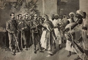 General Tancredi Saletta erbjuder svärd till Kantibai, chef för Abab, Massawa, Eritreanska kriget, gravyr av Ernesto Mancastroppa från teckning av G Amato, från L