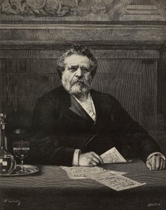 Giosue Carducci (1835-1907), italiensk poet och författare, Nobelpristagare 1906, gravyr av Ernesto Mancastroppa från målning av Vittorio Corcos, från L