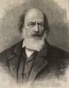 Porträtt av Alfred Tennyson (1809-1892), brittisk poet, gravyr av Ernesto Mancastroppa från fotografi av Barraud, från L