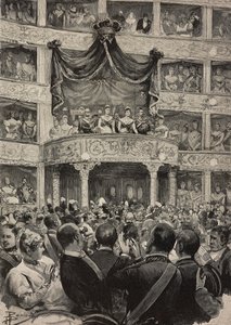 Umberto I och Margherita av Savojen, åtföljda av Tysklands suveräner, på Teatro Argentina i samband med silverbröllopsfirande, 21 april
