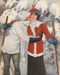 Parskidåkning på vintern (färg litho)