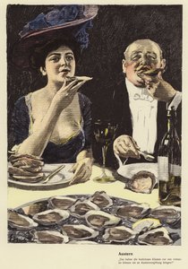 Äta ostron på en restaurang (färg litho)