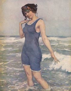 Kvinna som badar i havet (färg litho)
