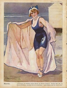Kvinna på stranden i Biarritz (färg litho)
