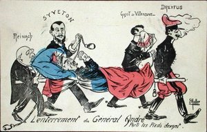 General Andres begravning, utförd med fötterna först av Joseph Reinach (1856-1921), Gabriel Syveton (1864-1904), Guyot de Villeneuve och Alfred Dreyfus (1855-1935) 1913 (handfärgad etsning) av Ernst Emmanuel Muller